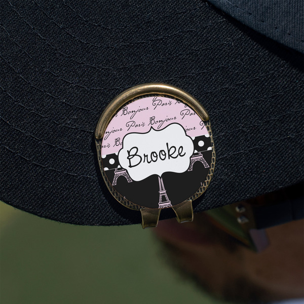 Paris Bonjour and Eiffel Tower Golf Ball Marker Hat Clip - Gold - On Hat