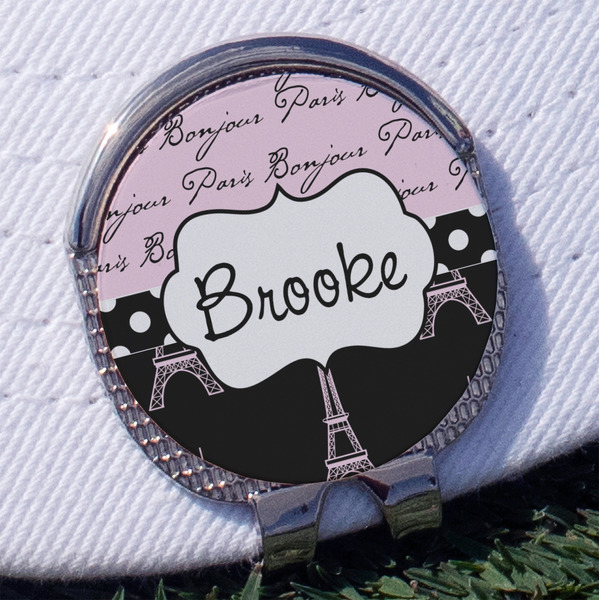 Paris Bonjour and Eiffel Tower Golf Ball Marker Hat Clip - Silver - Front