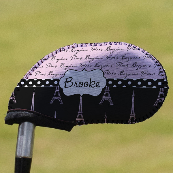 Custom Paris Bonjour and Eiffel Tower Golf Club Iron Cover - Single (Personalized)