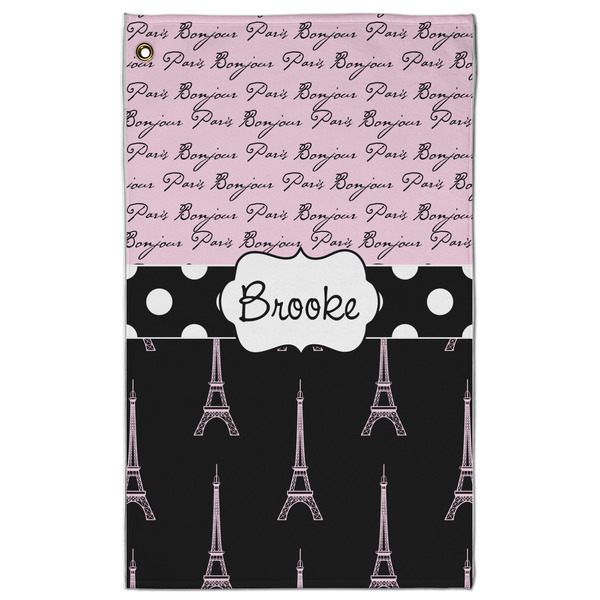 Custom Paris Bonjour and Eiffel Tower Golf Towel - Poly-Cotton Blend - Large w/ Name or Text