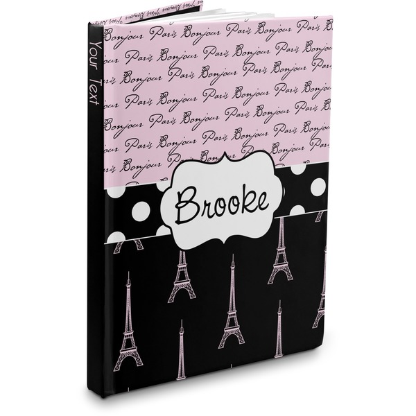Custom Paris Bonjour and Eiffel Tower Hardbound Journal - 5.75" x 8" (Personalized)