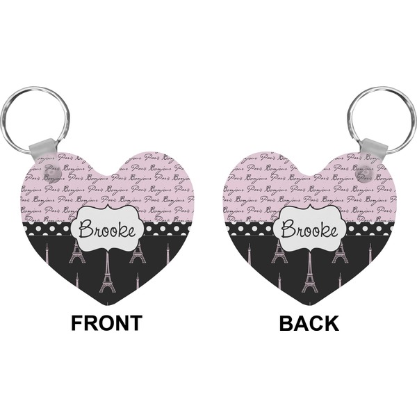 Paris Bonjour and Eiffel Tower Heart Keychain (Front + Back)