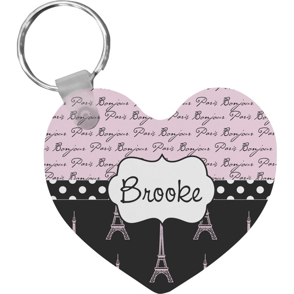 Custom Paris Bonjour and Eiffel Tower Heart Plastic Keychain w/ Name or Text