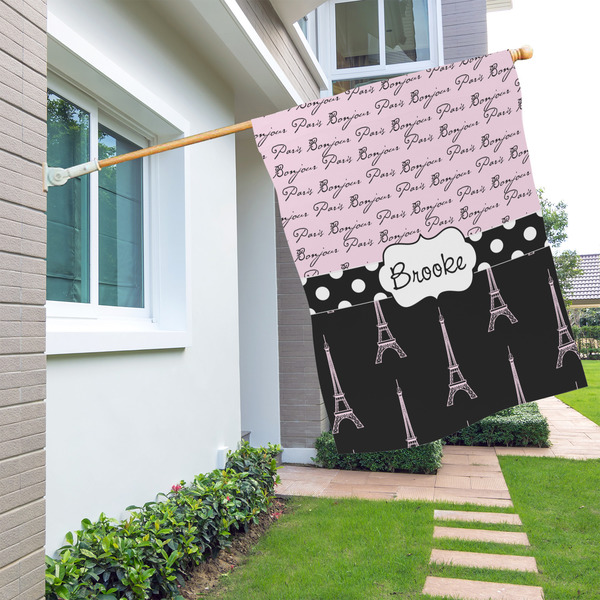 Paris Bonjour and Eiffel Tower House Flags - Double Sided - LIFESTYLE