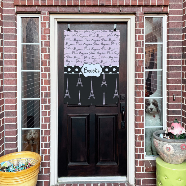 Paris Bonjour and Eiffel Tower House Flags - Double Sided - (Over the door) LIFESTYLE