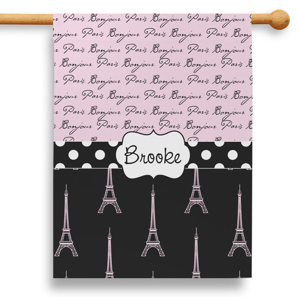 Custom Paris Bonjour and Eiffel Tower 28" House Flag - Double Sided (Personalized)