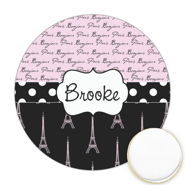 Custom Paris Bonjour and Eiffel Tower Printed Cookie Topper - Round (Personalized)