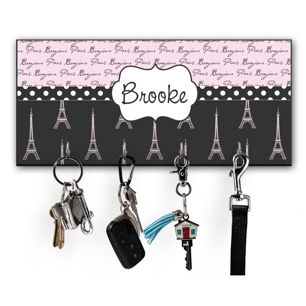 Custom Paris Bonjour and Eiffel Tower Key Hanger w/ 4 Hooks w/ Name or Text