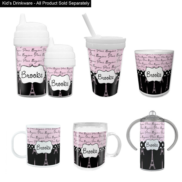 Paris Bonjour and Eiffel Tower Kid's Drinkware - Customized & Personalized