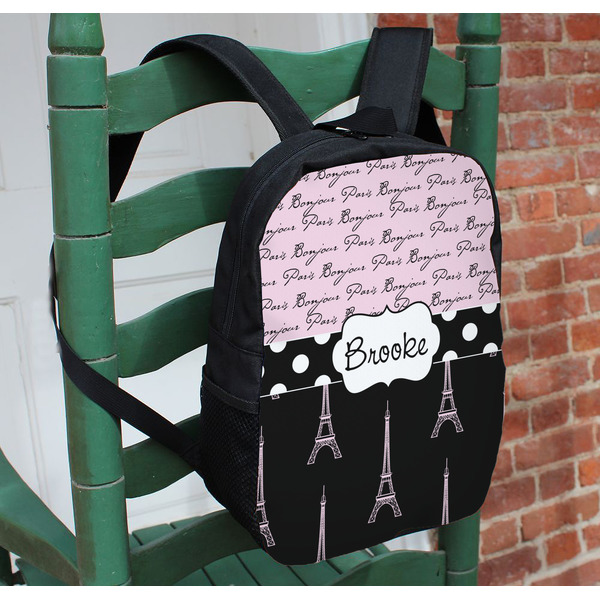 Paris Bonjour and Eiffel Tower Kids Backpack - In Context