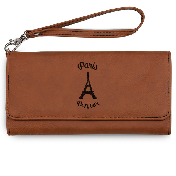 Custom Paris Bonjour and Eiffel Tower Ladies Leatherette Wallet - Laser Engraved - Rawhide (Personalized)