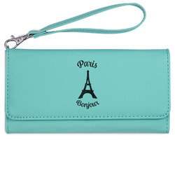 Paris Bonjour and Eiffel Tower Ladies Leatherette Wallet - Laser Engraved- Teal (Personalized)
