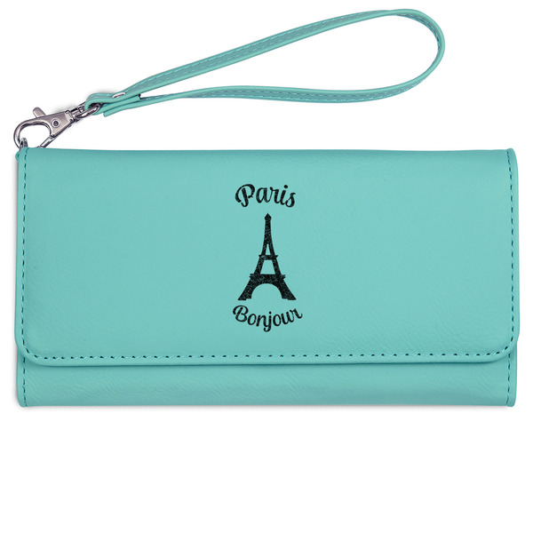 Custom Paris Bonjour and Eiffel Tower Ladies Leatherette Wallet - Laser Engraved- Teal (Personalized)