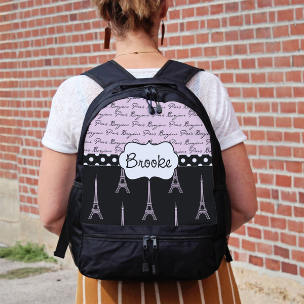 Paris Bonjour and Eiffel Tower Large Backpack - Black - On Back