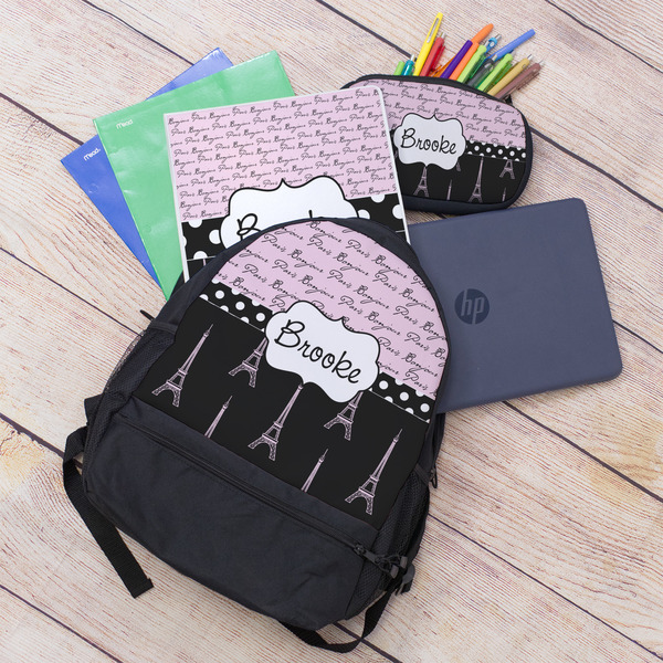 Paris Bonjour and Eiffel Tower Large Backpack - Black - With Stuff