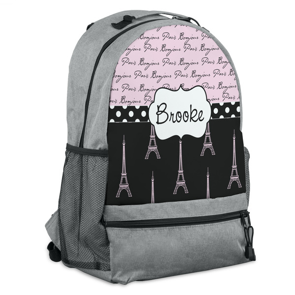Custom Paris Bonjour and Eiffel Tower Backpack - Grey (Personalized)