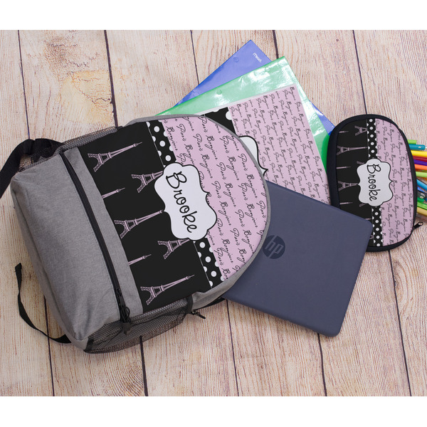 Paris Bonjour and Eiffel Tower Large Backpack - Gray - With Stuff