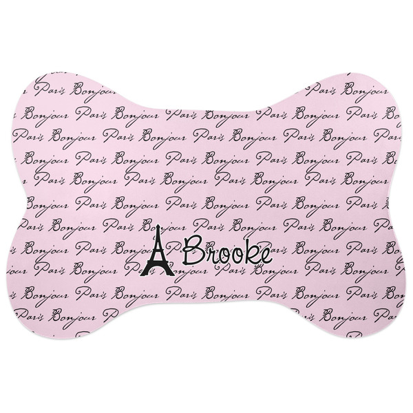 Custom Paris Bonjour and Eiffel Tower Bone Shaped Dog Food Mat (Large) (Personalized)