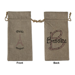 Paris Bonjour and Eiffel Tower Large Burlap Gift Bag - Front & Back (Personalized)