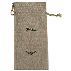 Paris Bonjour and Eiffel Tower Large Burlap Gift Bag - Front (Personalized)