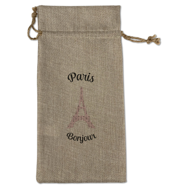 Custom Paris Bonjour and Eiffel Tower Large Burlap Gift Bag - Front (Personalized)