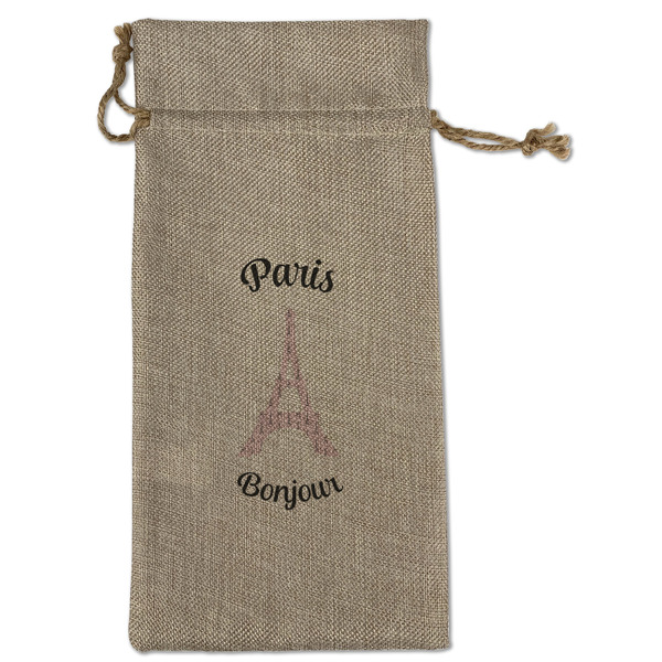 Paris Bonjour and Eiffel Tower Large Burlap Gift Bags - Front
