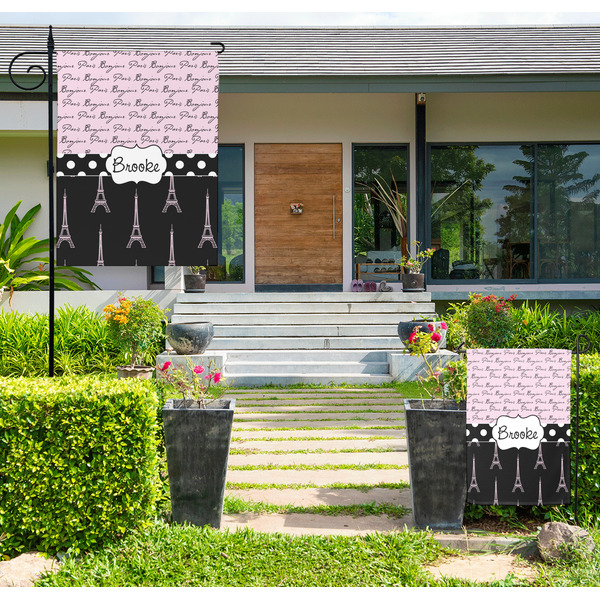 Custom Paris Bonjour and Eiffel Tower Large Garden Flag - Single Sided (Personalized)