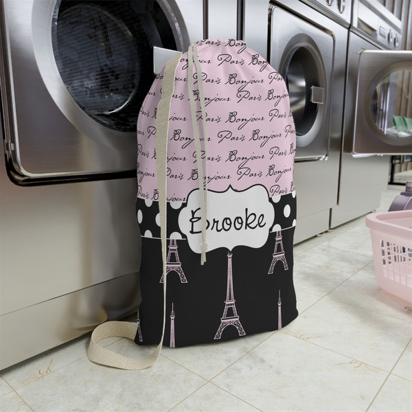 Paris Bonjour and Eiffel Tower Large Laundry Bag - In Context