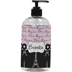 Paris Bonjour and Eiffel Tower Plastic Soap / Lotion Dispenser (16 oz - Large - Black) (Personalized)