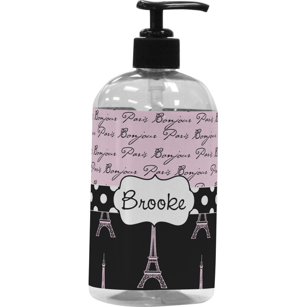 Custom Paris Bonjour and Eiffel Tower Plastic Soap / Lotion Dispenser (16 oz - Large - Black) (Personalized)