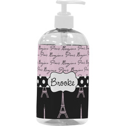 Paris Bonjour and Eiffel Tower Plastic Soap / Lotion Dispenser (16 oz - Large - White) (Personalized)