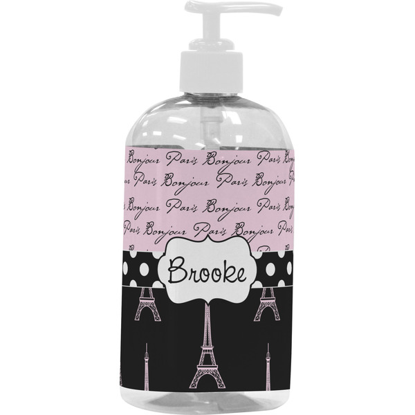Custom Paris Bonjour and Eiffel Tower Plastic Soap / Lotion Dispenser (16 oz - Large - White) (Personalized)