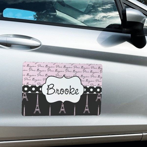 Paris Bonjour and Eiffel Tower Large Rectangle Car Magnets- In Context