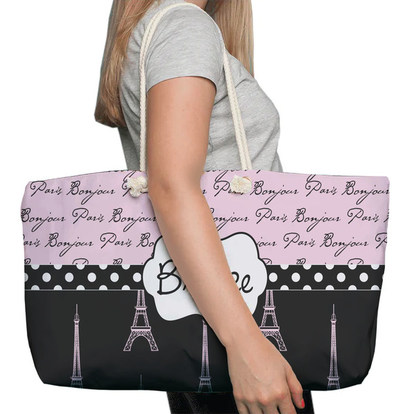 Paris Bonjour and Eiffel Tower Large Rope Tote Bag - In Context View