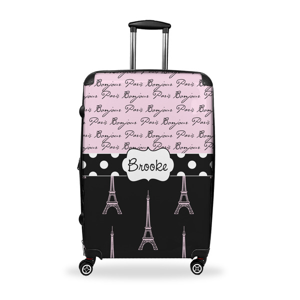 Custom Paris Bonjour and Eiffel Tower Suitcase - 28" Large - Checked w/ Name or Text