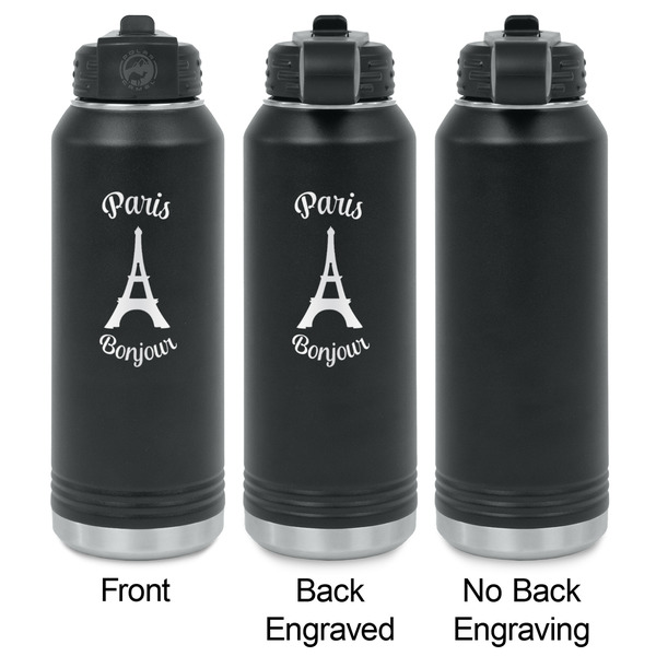 Paris Bonjour and Eiffel Tower Laser Engraved Water Bottles - 2 Styles - Front & Back View