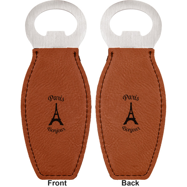Paris Bonjour and Eiffel Tower Leather Bar Bottle Opener - Front and Back