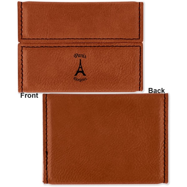Paris Bonjour and Eiffel Tower Leather Business Card Holder Front Back Single Sided - Apvl