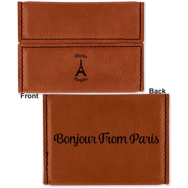 Paris Bonjour and Eiffel Tower Leather Business Card Holder - Front Back