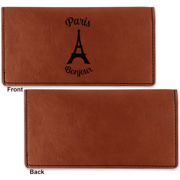 Paris Bonjour and Eiffel Tower Leather Checkbook Holder Front and Back Single Sided - Apvl