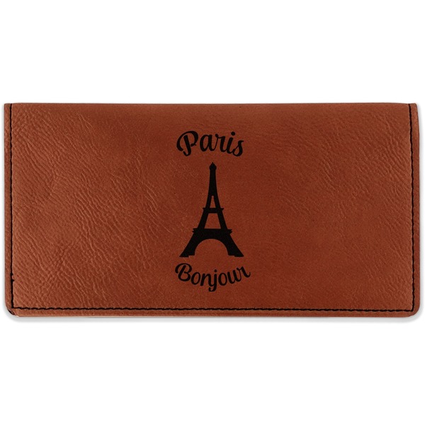 Custom Paris Bonjour and Eiffel Tower Leatherette Checkbook Holder - Double Sided (Personalized)