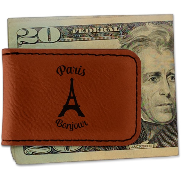 Custom Paris Bonjour and Eiffel Tower Leatherette Magnetic Money Clip - Double Sided (Personalized)