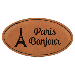 Paris Bonjour and Eiffel Tower Leatherette Oval Name Badge with Magnet (Personalized)
