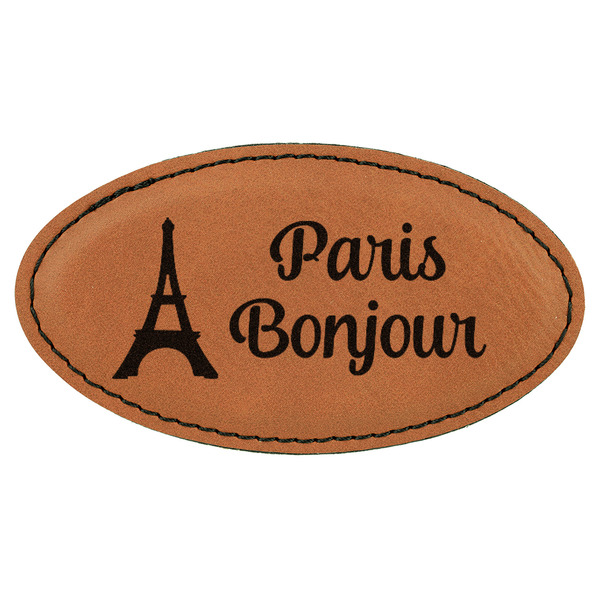 Custom Paris Bonjour and Eiffel Tower Leatherette Oval Name Badge with Magnet (Personalized)
