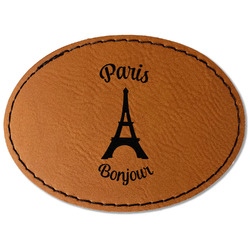 Paris Bonjour and Eiffel Tower Faux Leather Iron On Patch - Oval (Personalized)