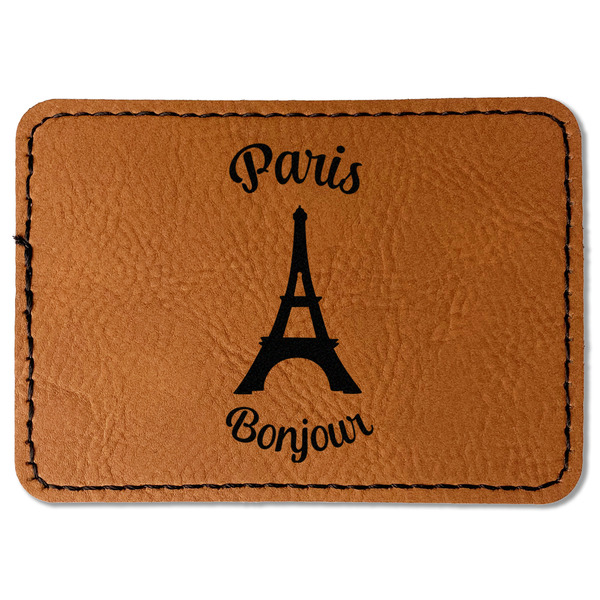 Custom Paris Bonjour and Eiffel Tower Faux Leather Iron On Patch - Rectangle (Personalized)
