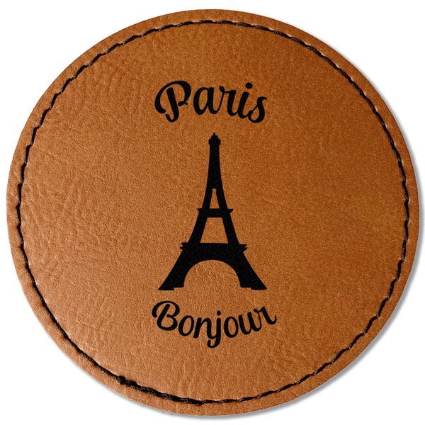 Custom Paris Bonjour and Eiffel Tower Faux Leather Iron On Patch - Round (Personalized)