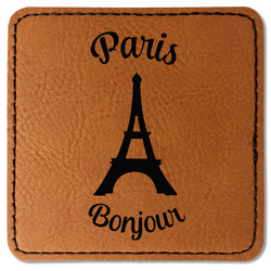 Paris Bonjour and Eiffel Tower Faux Leather Iron On Patch - Square (Personalized)