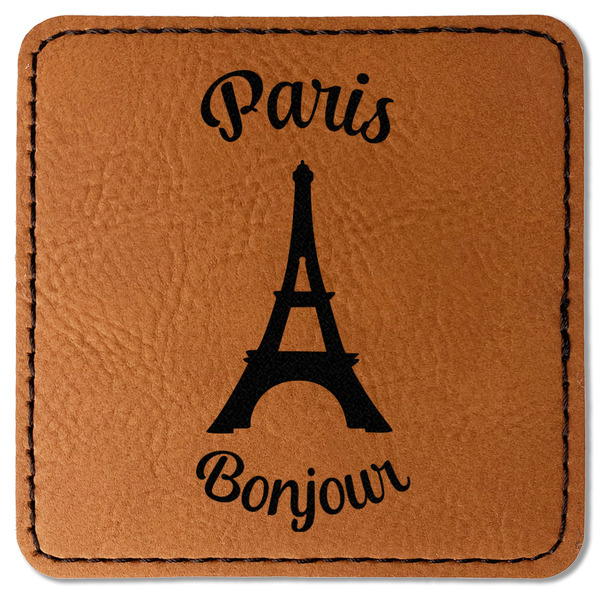Custom Paris Bonjour and Eiffel Tower Faux Leather Iron On Patch - Square (Personalized)
