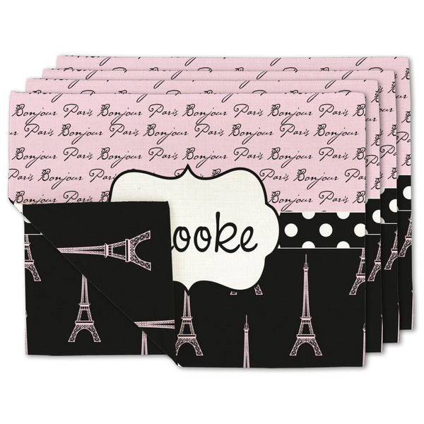 Custom Paris Bonjour and Eiffel Tower Double-Sided Linen Placemat - Set of 4 w/ Name or Text